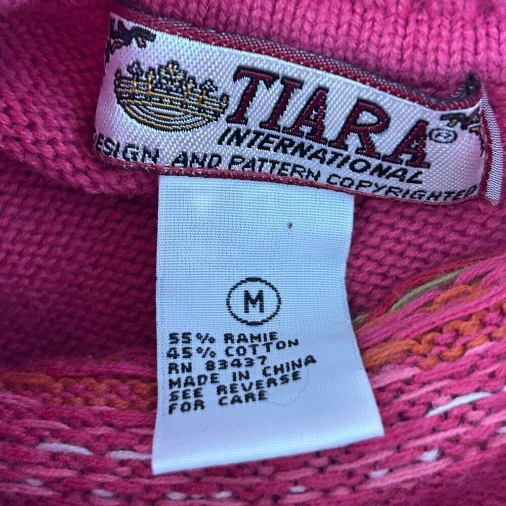 Vintage 90s Tiara Pink Fair Isle Turtleneck Sweater Button Collar Size Medium - Picture 6 of 10